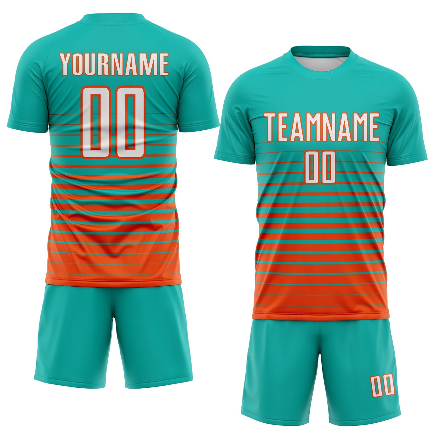 Custom Aqua White-Orange Gradient Pinstripe Sublimation Soccer Uniform Jersey view 2