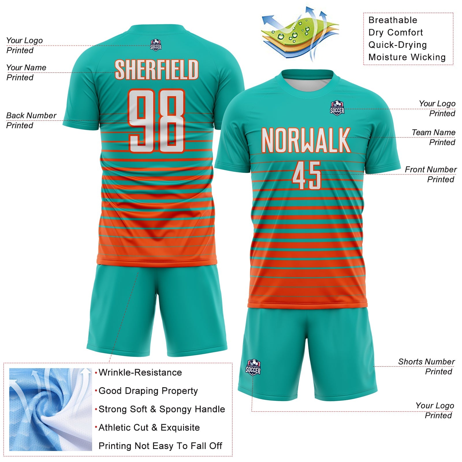 Custom Aqua White-Orange Gradient Pinstripe Sublimation Soccer Uniform Jersey view 4