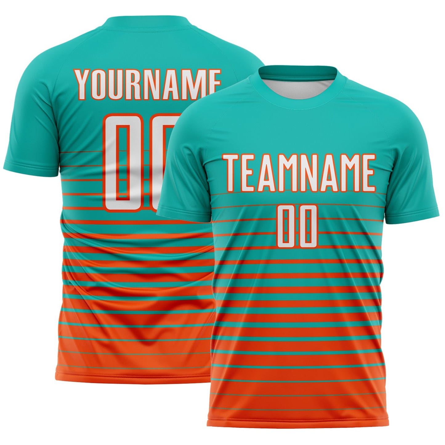 Custom Aqua White-Orange Gradient Pinstripe Sublimation Soccer Uniform Jersey - Main View