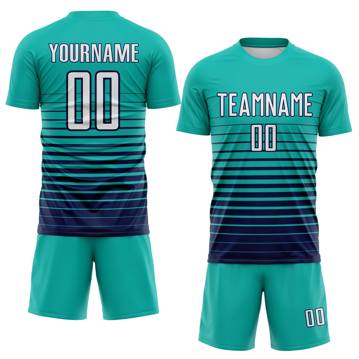 Custom Aqua White-Navy Gradient Pinstripe Sublimation Soccer Uniform Jersey view 2