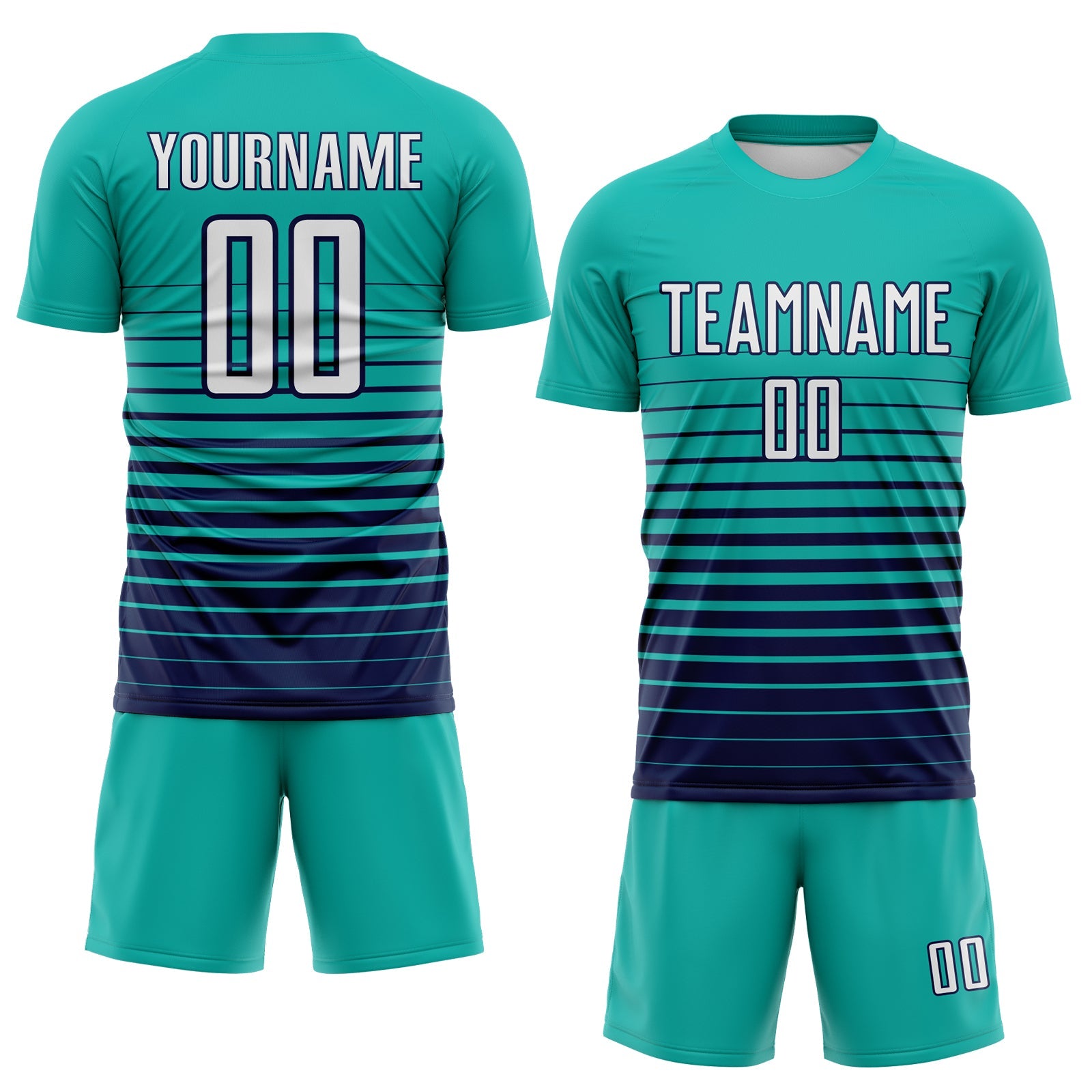 Custom Aqua White-Navy Gradient Pinstripe Sublimation Soccer Uniform Jersey view 2