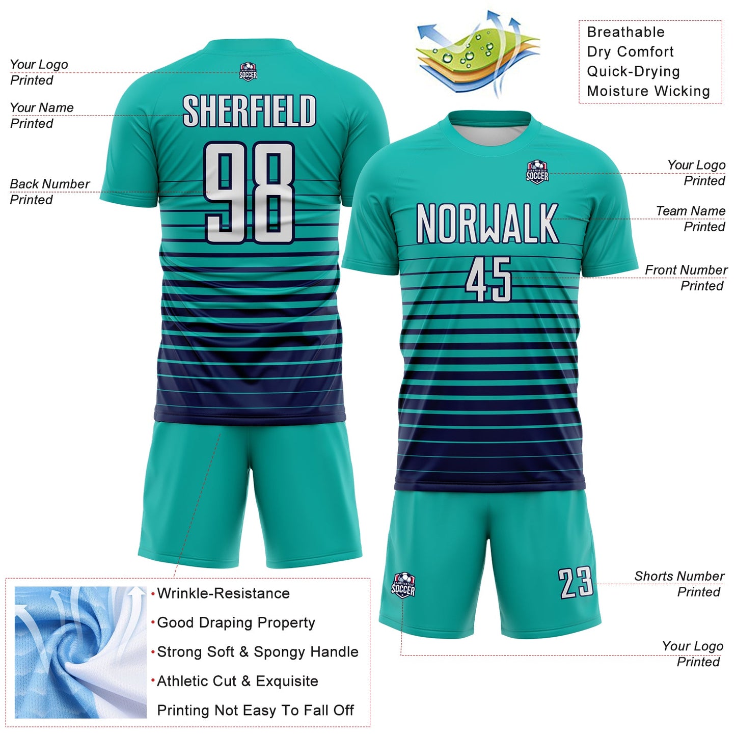 Custom Aqua White-Navy Gradient Pinstripe Sublimation Soccer Uniform Jersey view 4