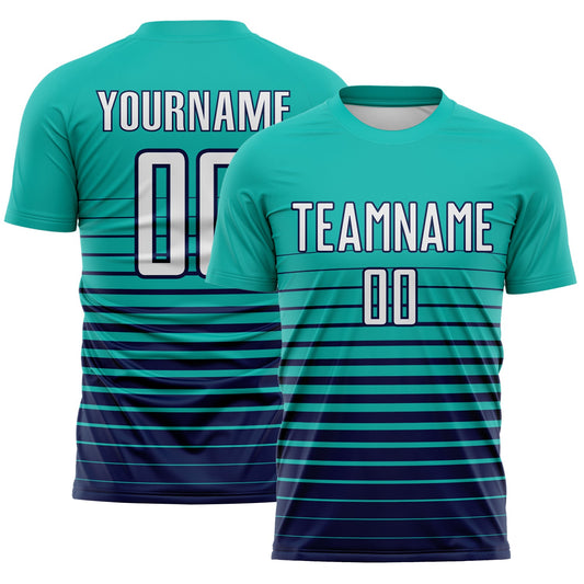 Custom Aqua White-Navy Gradient Pinstripe Sublimation Soccer Uniform Jersey - Main View