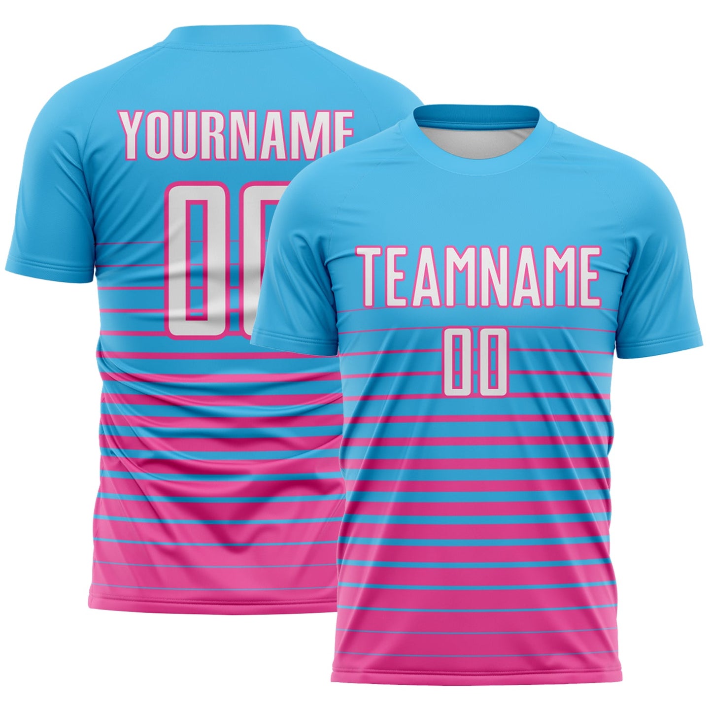 Custom Sky Blue White-Pink Gradient Pinstripe Sublimation Soccer Uniform Jersey - Main View