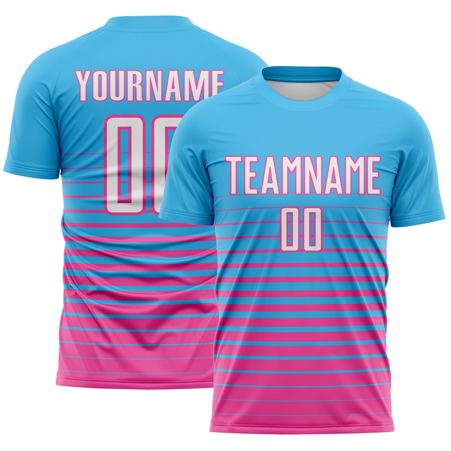 Custom Sky Blue White-Pink Gradient Pinstripe Sublimation Soccer Uniform Jersey - Main View