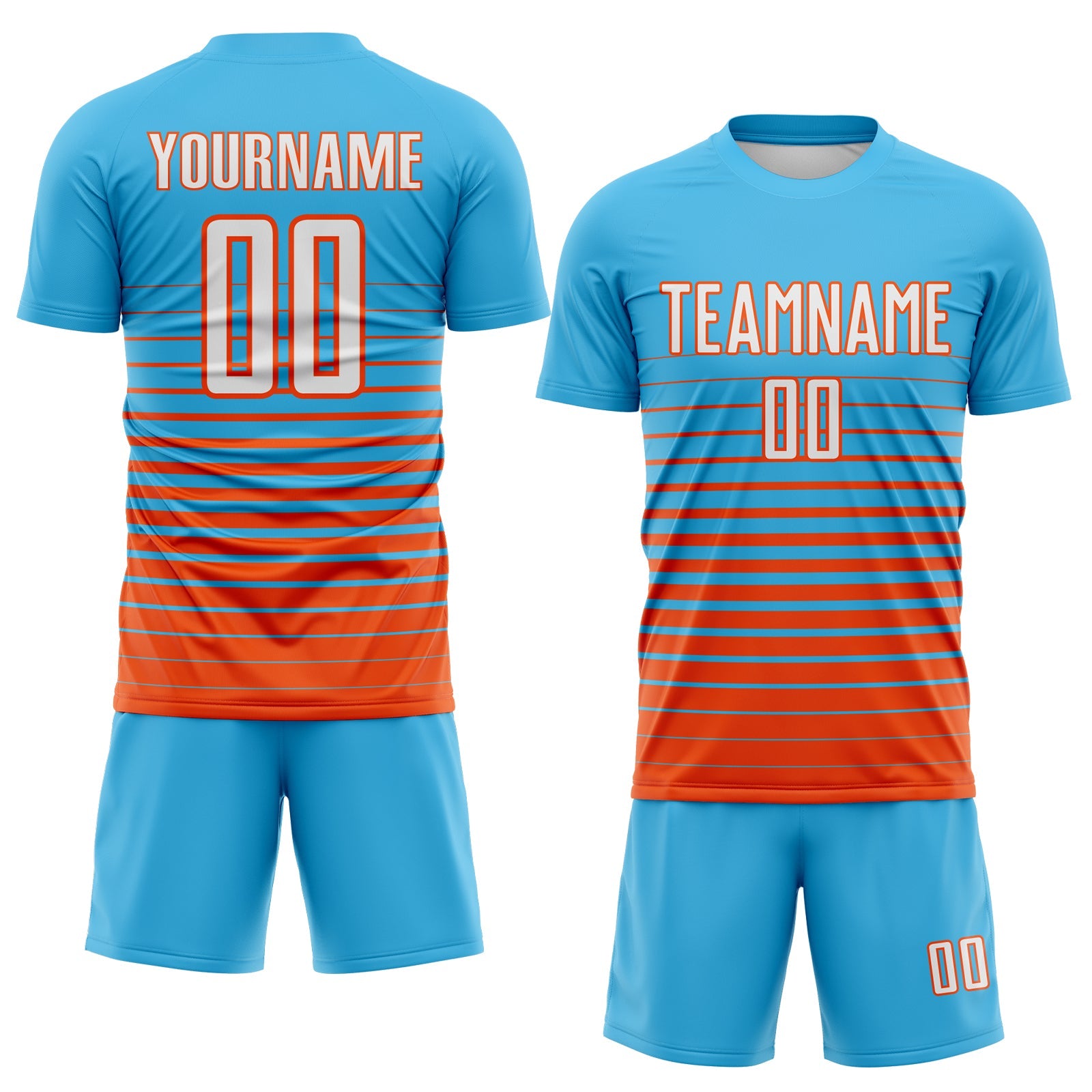 Custom Sky Blue White-Orange Gradient Pinstripe Sublimation Soccer Uniform Jersey view 2