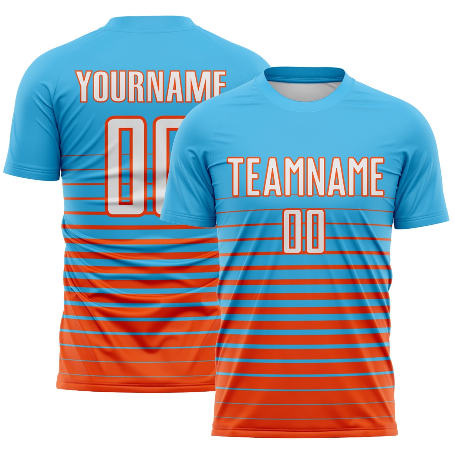 Custom Sky Blue White-Orange Gradient Pinstripe Sublimation Soccer Uniform Jersey - Main View