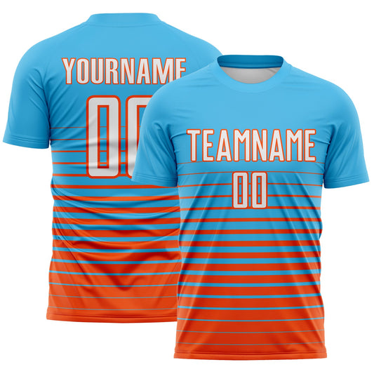 Custom Sky Blue White-Orange Gradient Pinstripe Sublimation Soccer Uniform Jersey - Main View
