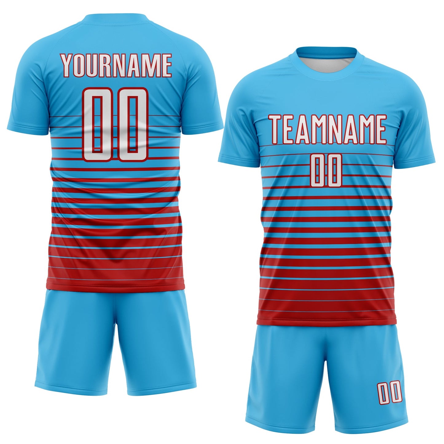Custom Sky Blue White-Red Gradient Pinstripe Sublimation Soccer Uniform Jersey view 2