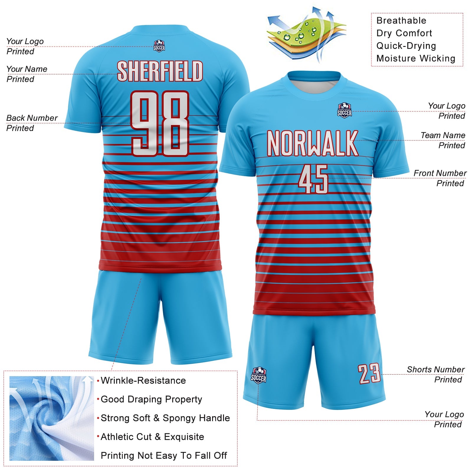 Custom Sky Blue White-Red Gradient Pinstripe Sublimation Soccer Uniform Jersey view 4