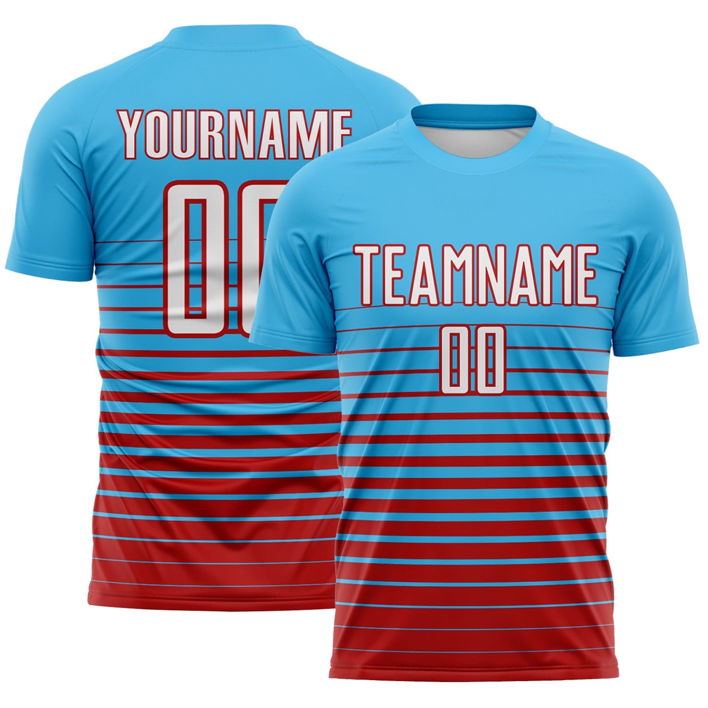 Custom Sky Blue White-Red Gradient Pinstripe Sublimation Soccer Uniform Jersey - Main View