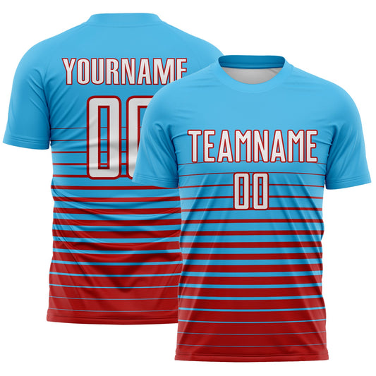 Custom Sky Blue White-Red Gradient Pinstripe Sublimation Soccer Uniform Jersey - Main View