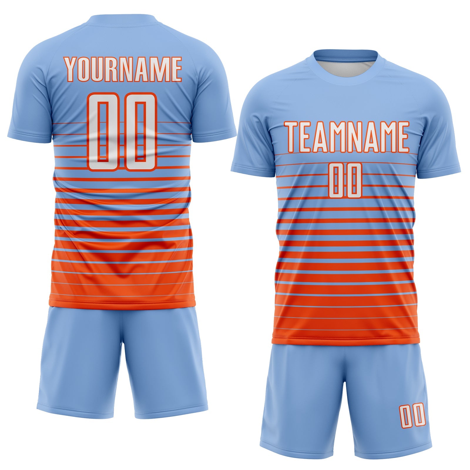 Custom Light Blue White-Orange Gradient Pinstripe Sublimation Soccer Uniform Jersey view 2