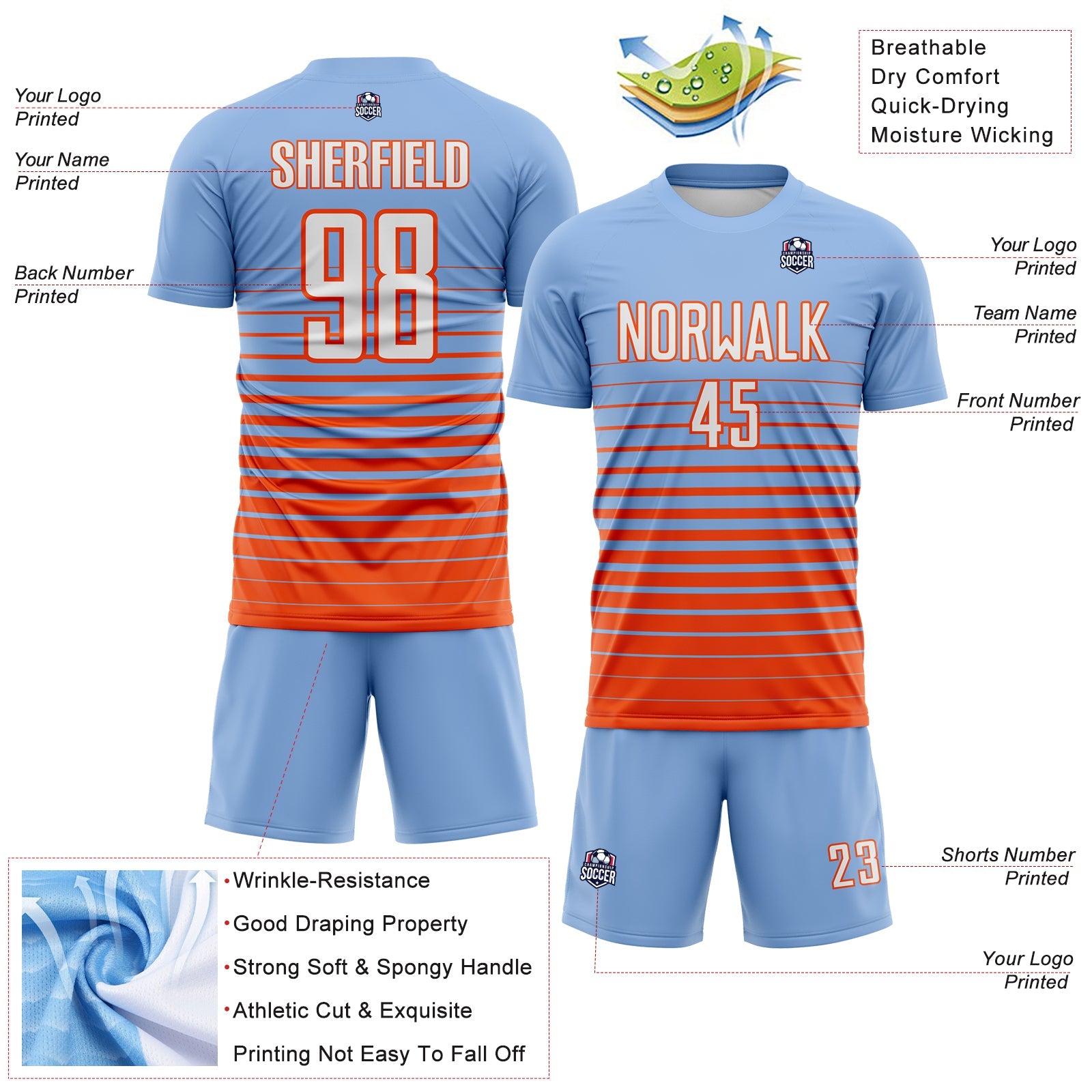 Custom Light Blue White-Orange Gradient Pinstripe Sublimation Soccer Uniform Jersey view 4