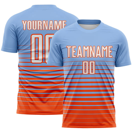Custom Light Blue White-Orange Gradient Pinstripe Sublimation Soccer Uniform Jersey - Main View