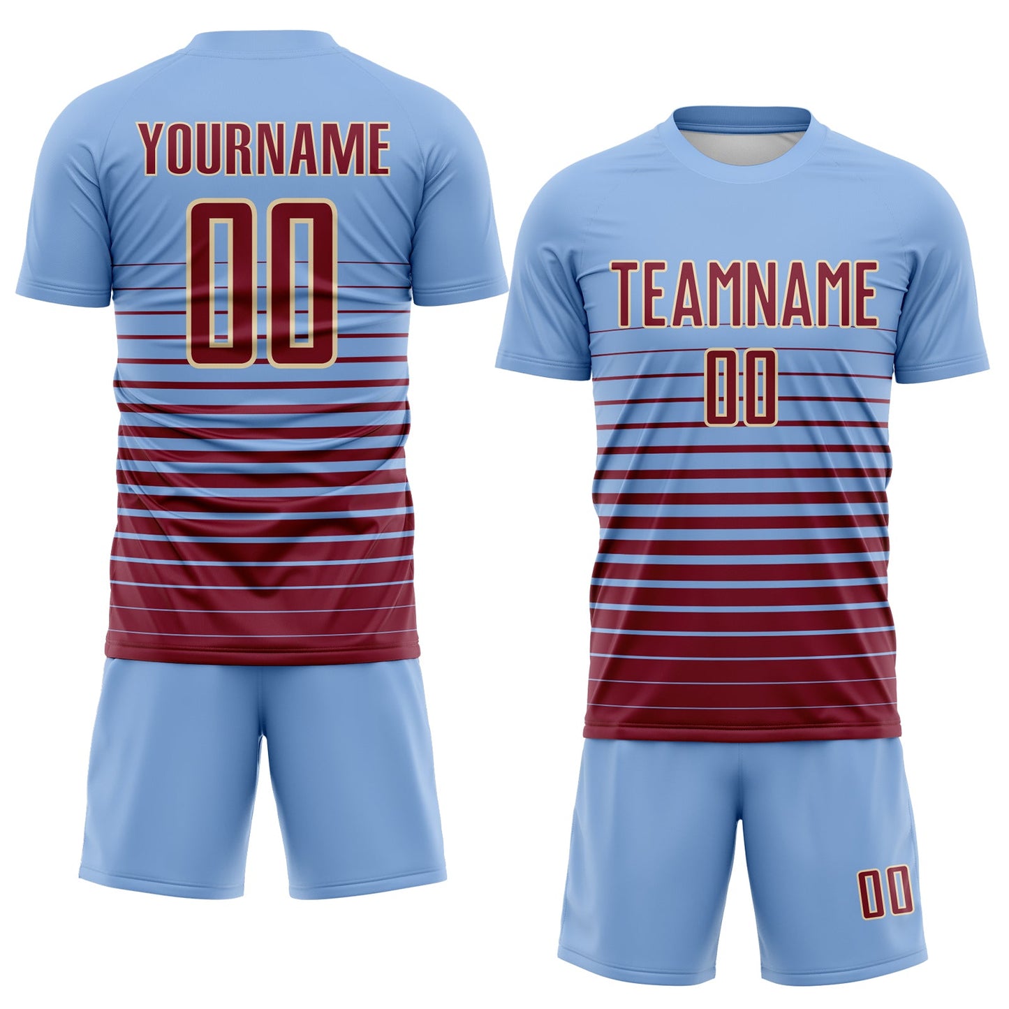 Custom Light Blue Crimson-Cream Gradient Pinstripe Sublimation Soccer Uniform Jersey view 2