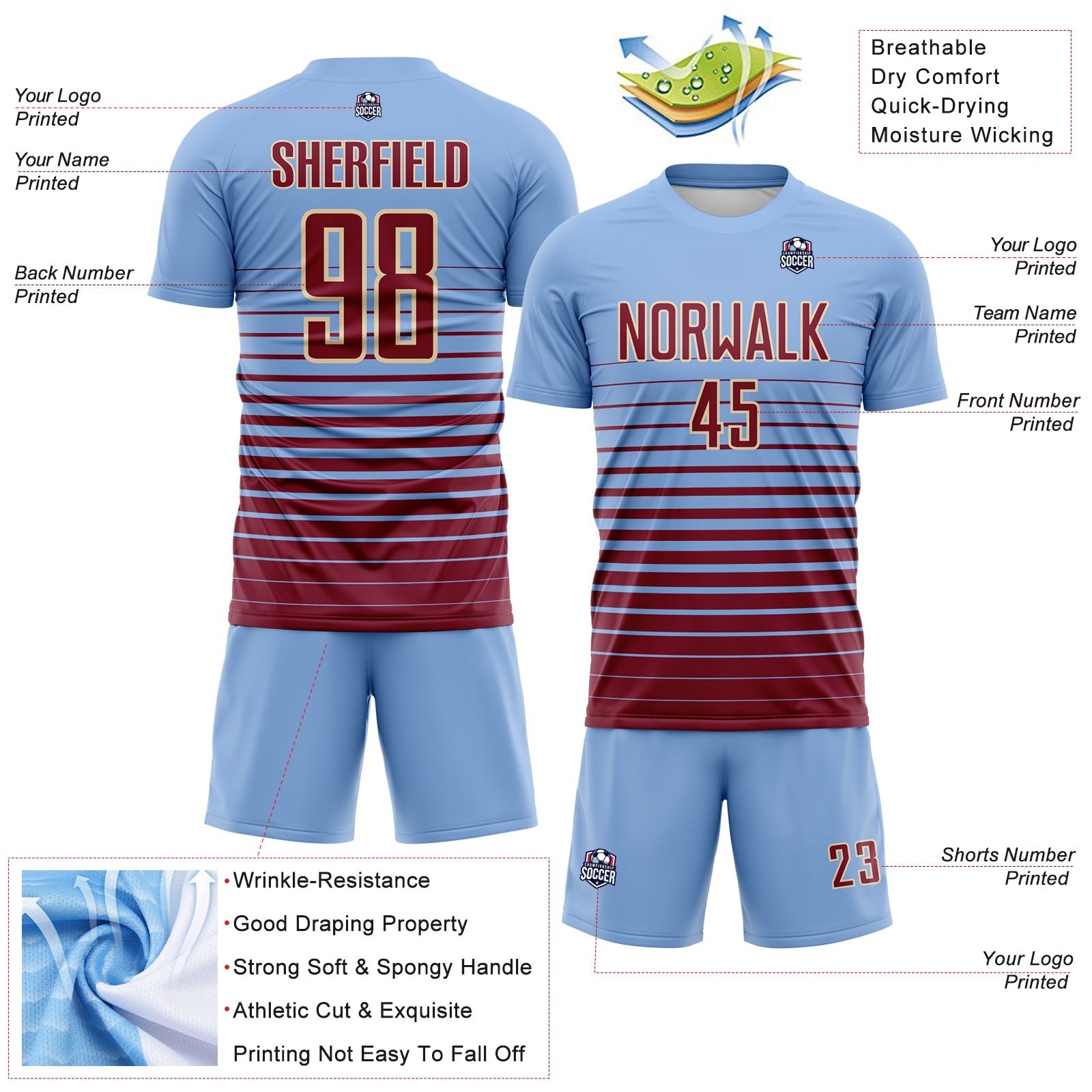 Custom Light Blue Crimson-Cream Gradient Pinstripe Sublimation Soccer Uniform Jersey view 4