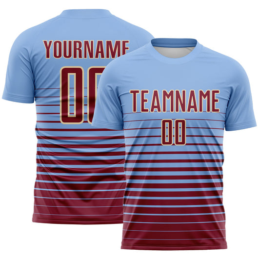 Custom Light Blue Crimson-Cream Gradient Pinstripe Sublimation Soccer Uniform Jersey - Main View