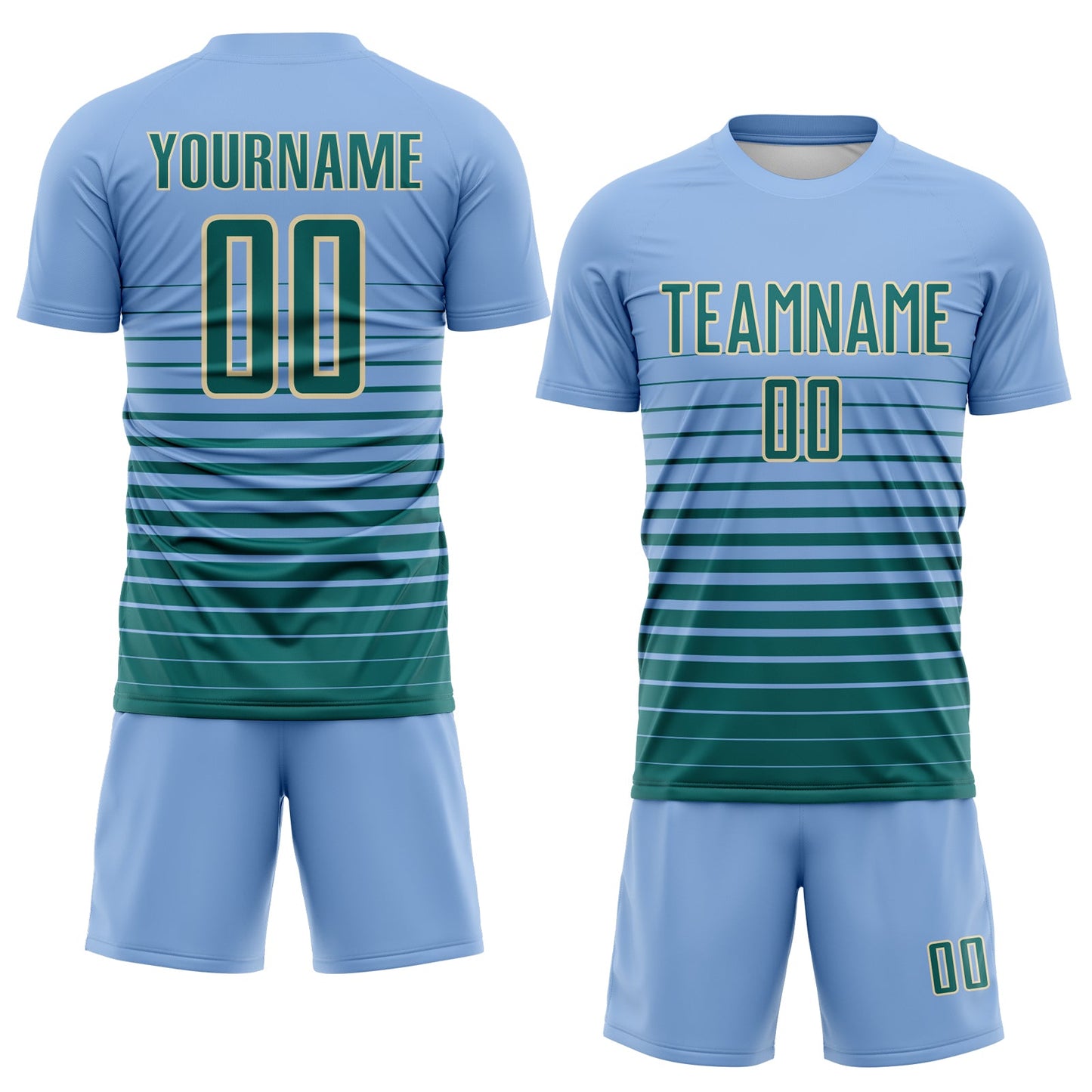 Custom Light Blue Teal-Cream Gradient Pinstripe Sublimation Soccer Uniform Jersey view 2