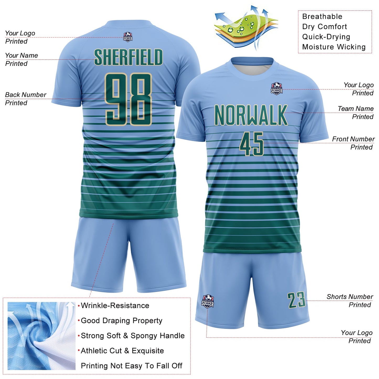 Custom Light Blue Teal-Cream Gradient Pinstripe Sublimation Soccer Uniform Jersey view 4