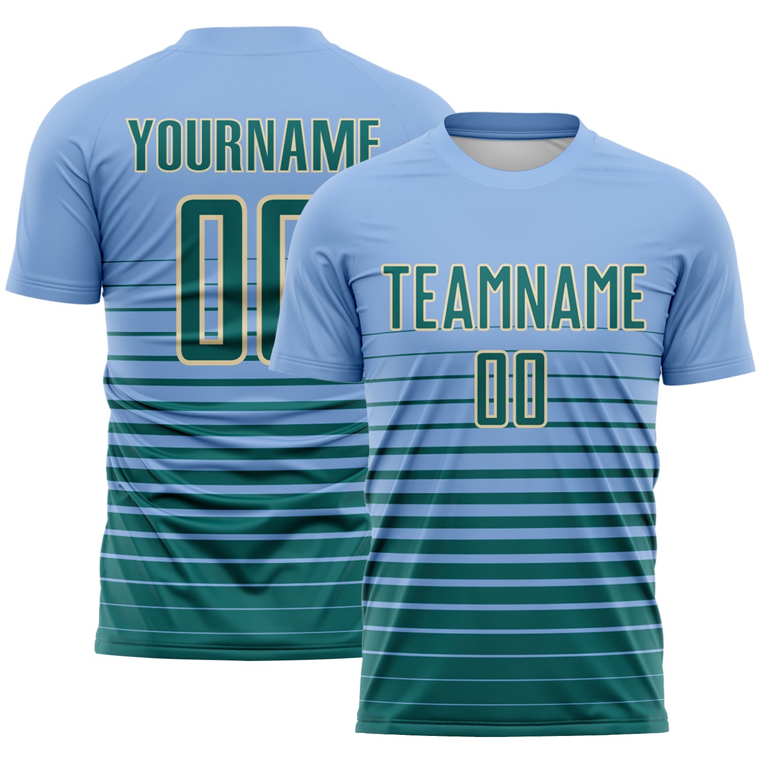 Custom Light Blue Teal-Cream Gradient Pinstripe Sublimation Soccer Uniform Jersey - Main View