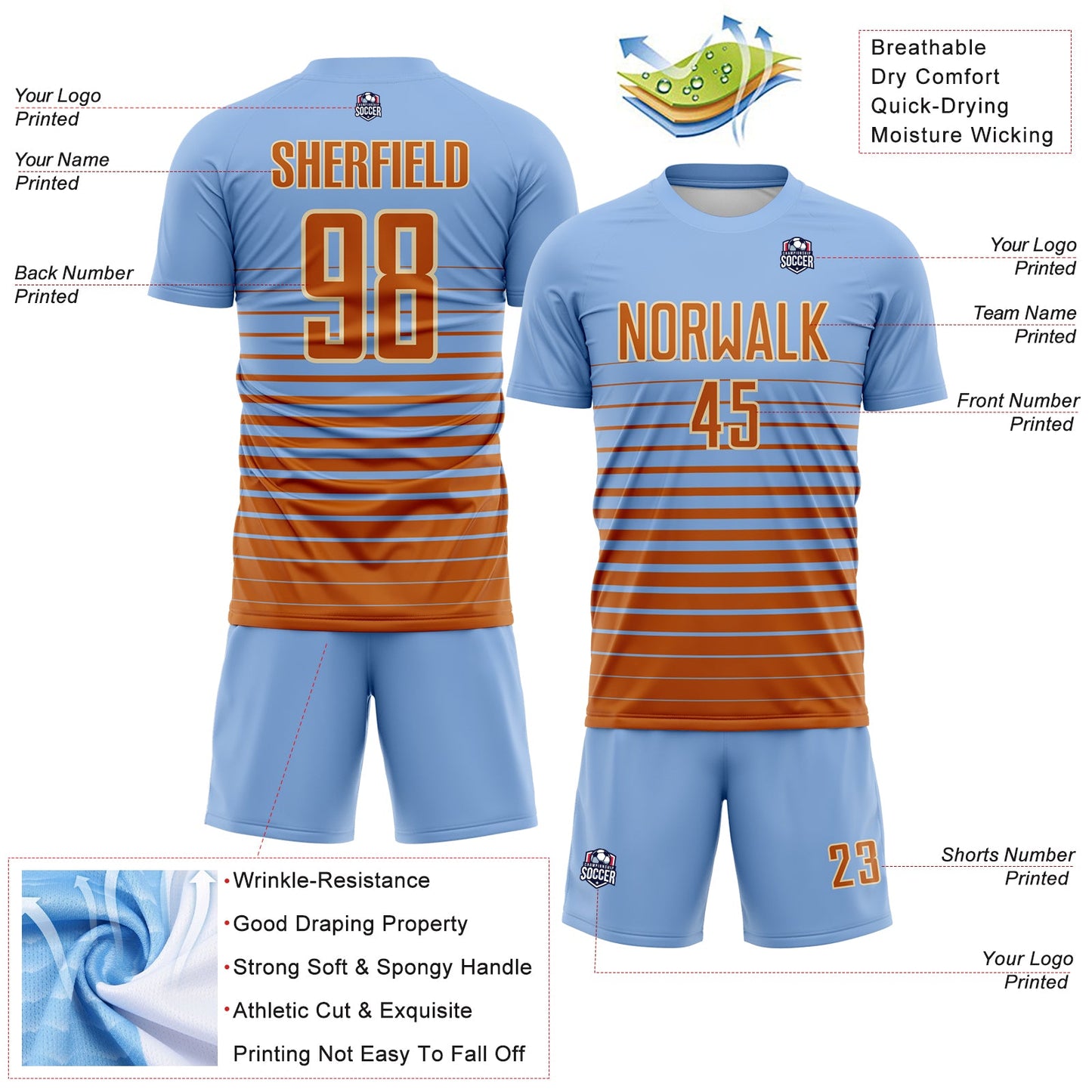 Custom Light Blue Bay Orange-Cream Gradient Pinstripe Sublimation Soccer Uniform Jersey view 4