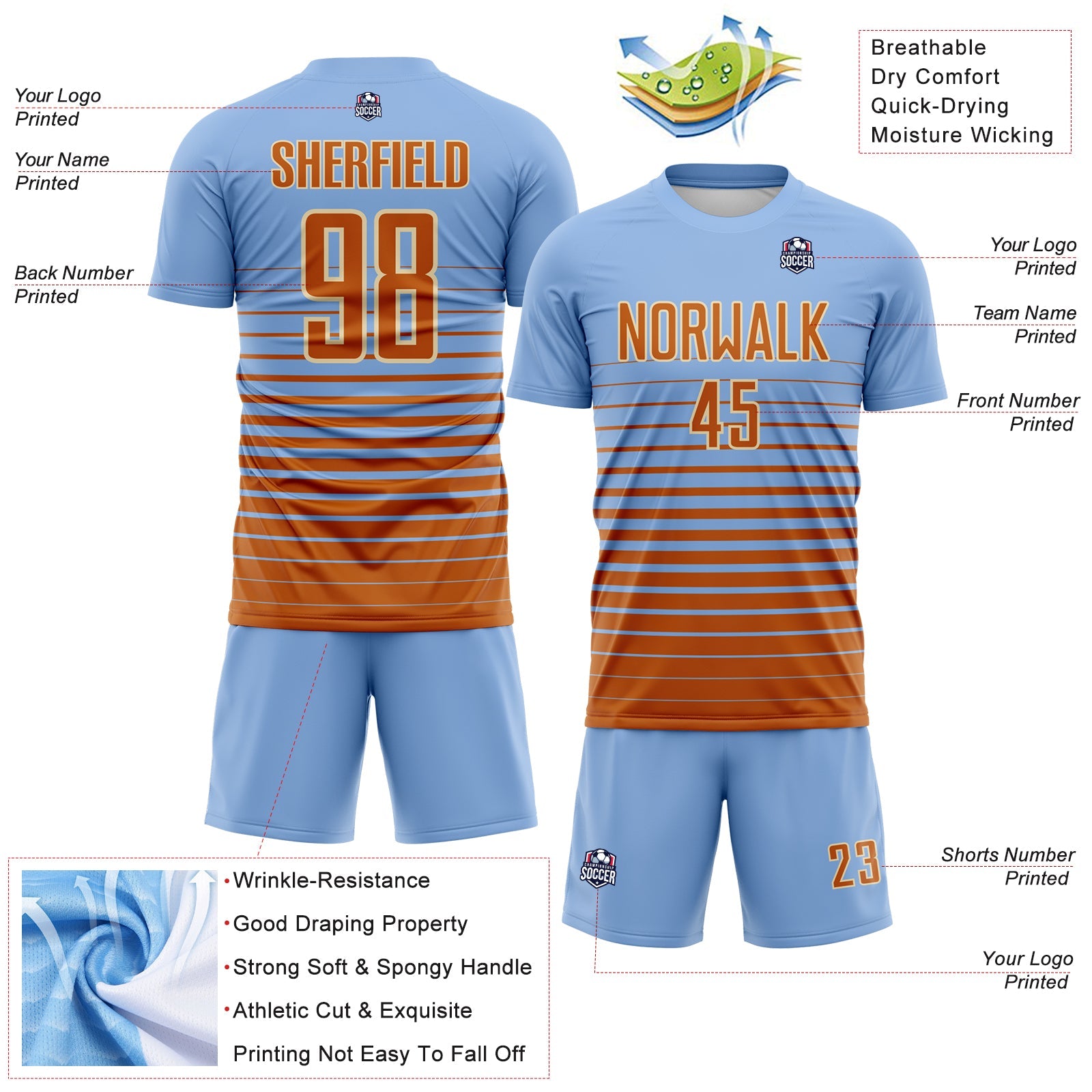 Custom Light Blue Bay Orange-Cream Gradient Pinstripe Sublimation Soccer Uniform Jersey view 4