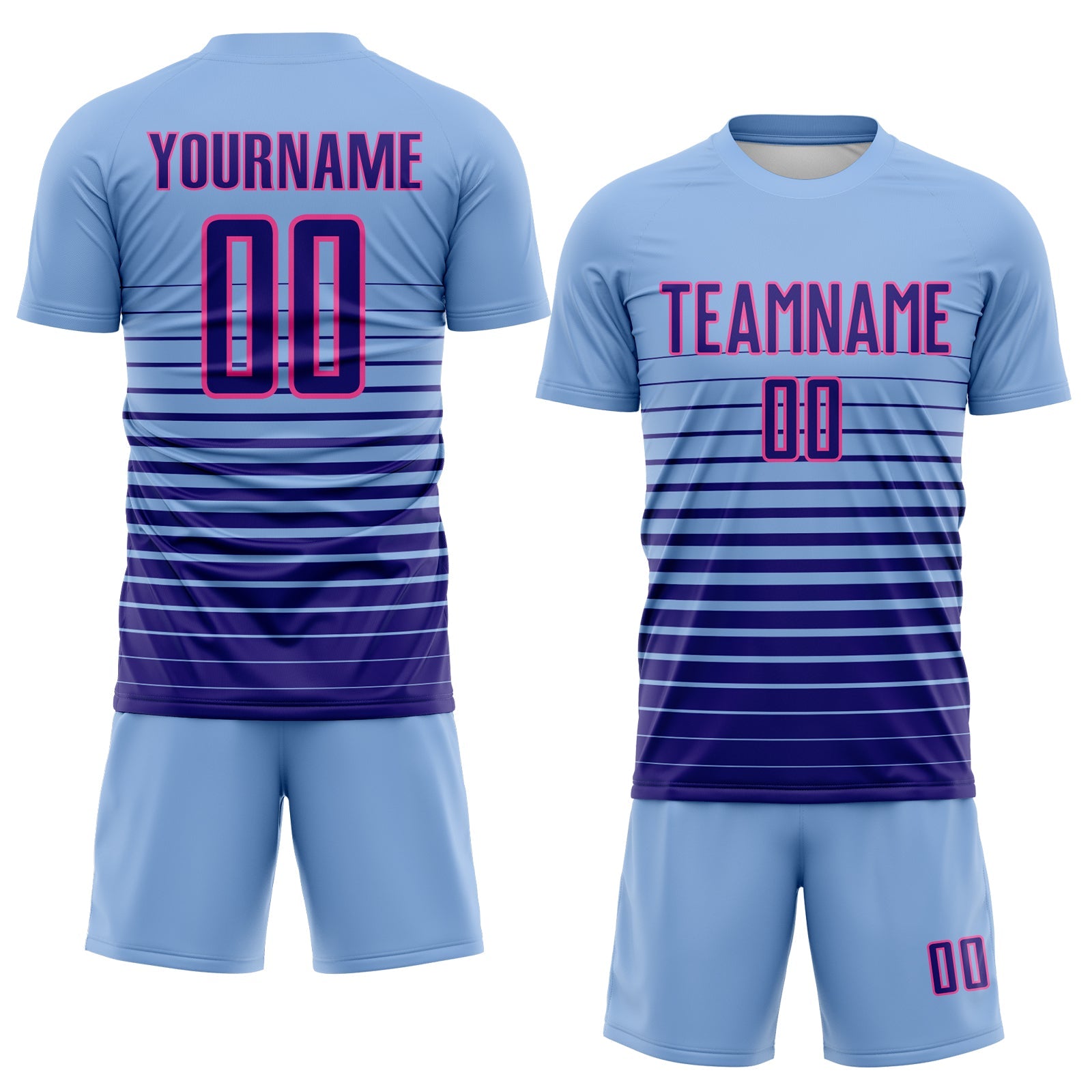 Custom Light Blue Dark Purple-Pink Gradient Pinstripe Sublimation Soccer Uniform Jersey view 2