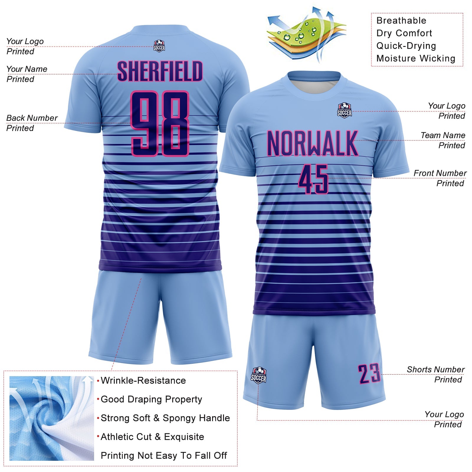 Custom Light Blue Dark Purple-Pink Gradient Pinstripe Sublimation Soccer Uniform Jersey view 4