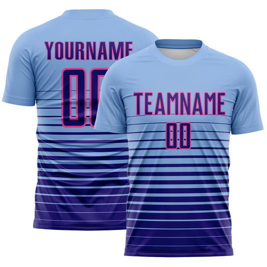 Custom Light Blue Dark Purple-Pink Gradient Pinstripe Sublimation Soccer Uniform Jersey - Main View