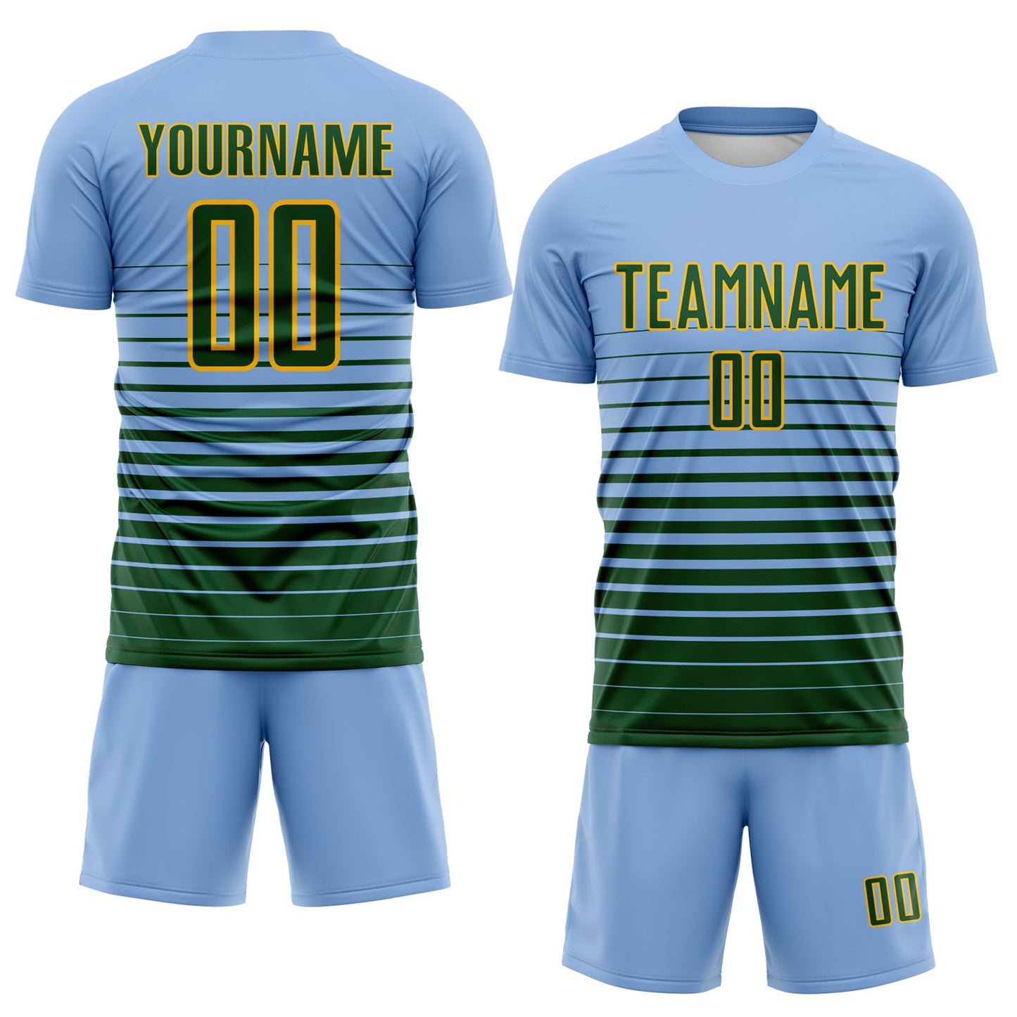 Custom Light Blue Green-Gold Gradient Pinstripe Sublimation Soccer Uniform Jersey view 2