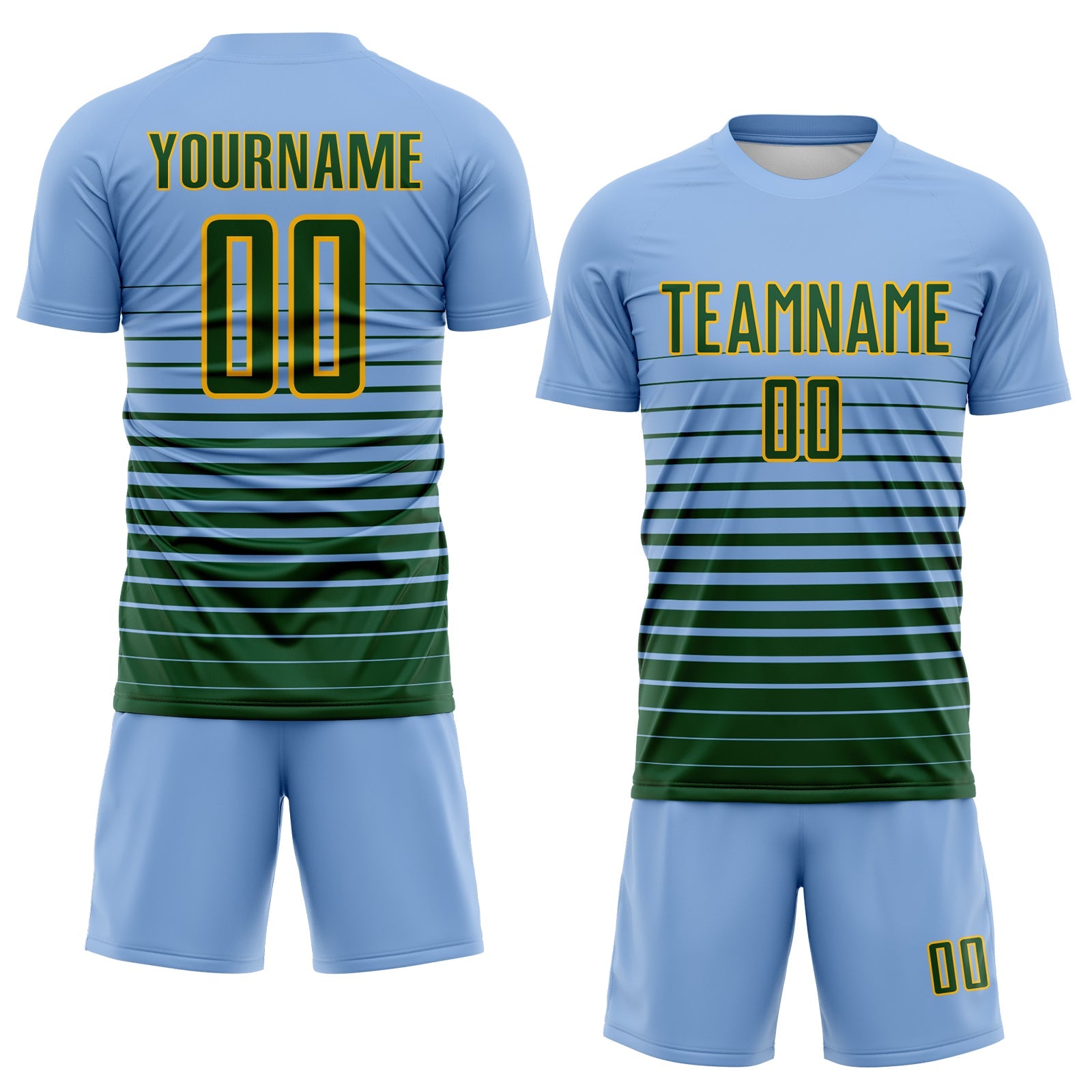 Custom Light Blue Green-Gold Gradient Pinstripe Sublimation Soccer Uniform Jersey view 2