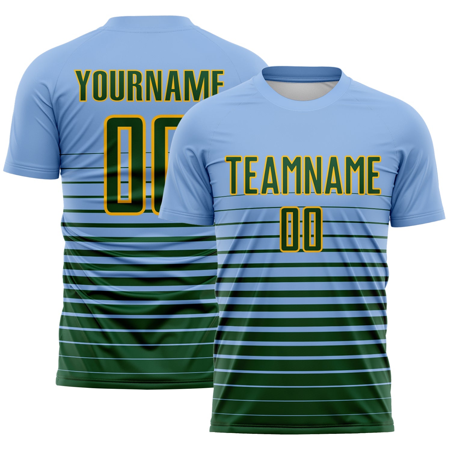 Custom Light Blue Green-Gold Gradient Pinstripe Sublimation Soccer Uniform Jersey - Main View