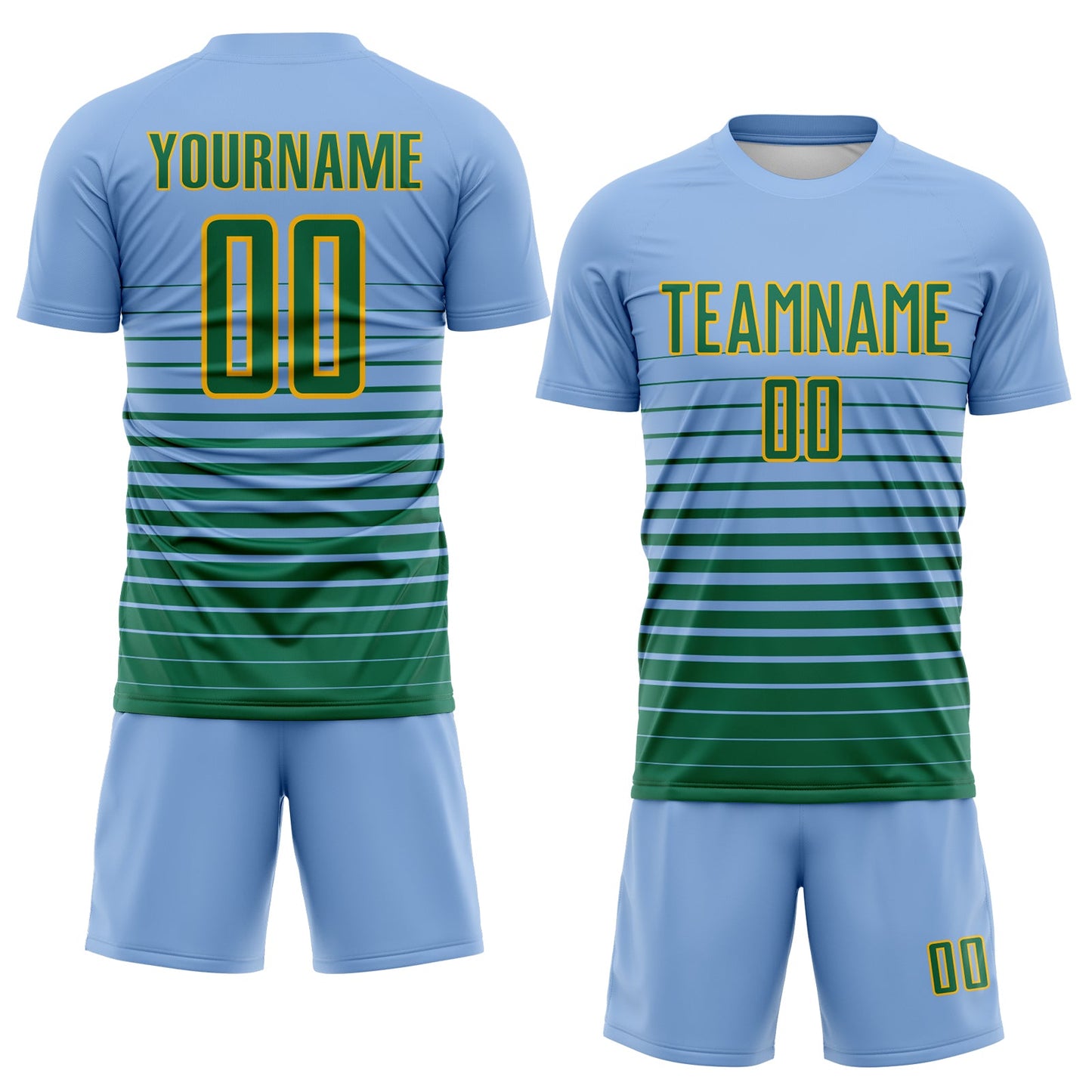 Custom Light Blue Kelly Green-Gold Gradient Pinstripe Sublimation Soccer Uniform Jersey view 2