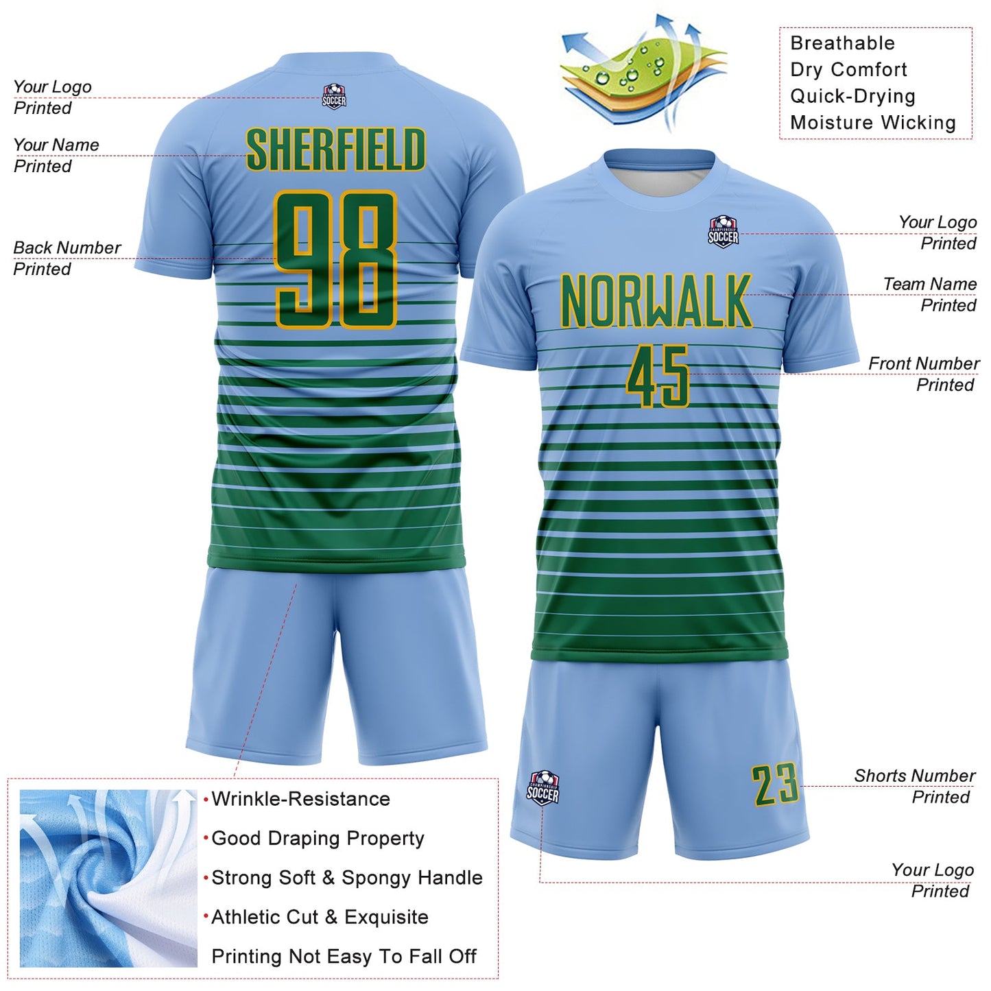 Custom Light Blue Kelly Green-Gold Gradient Pinstripe Sublimation Soccer Uniform Jersey view 4