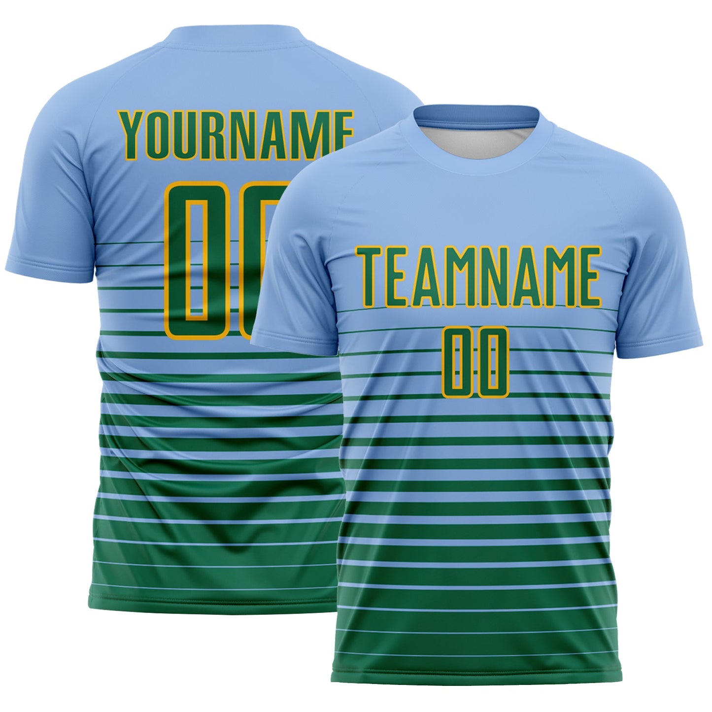 Custom Light Blue Kelly Green-Gold Gradient Pinstripe Sublimation Soccer Uniform Jersey - Main View