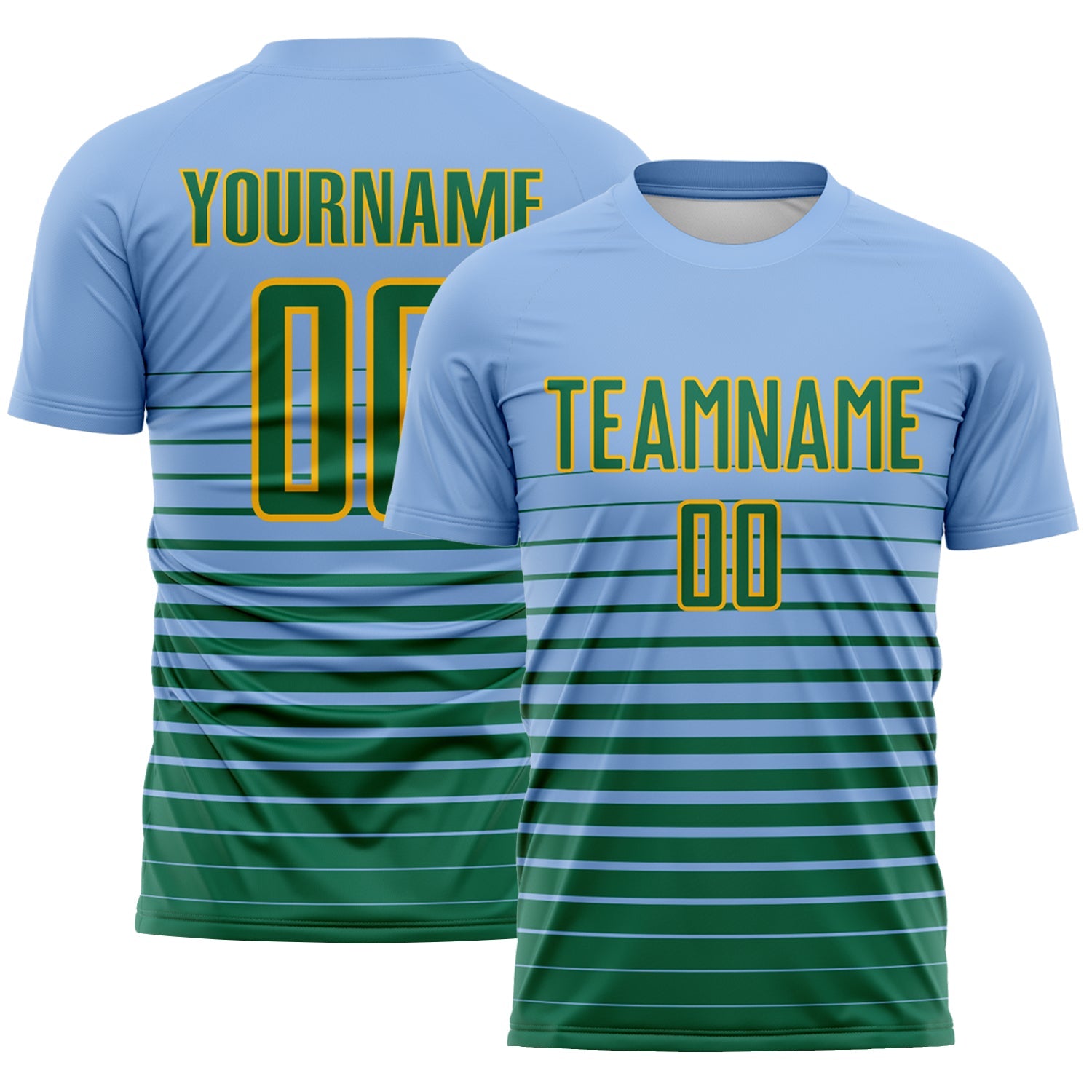 Custom Light Blue Kelly Green-Gold Gradient Pinstripe Sublimation Soccer Uniform Jersey - Main View
