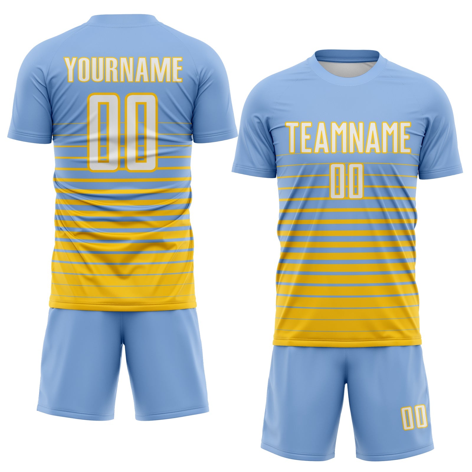 Custom Light Blue White-Yellow Gradient Pinstripe Sublimation Soccer Uniform Jersey view 2