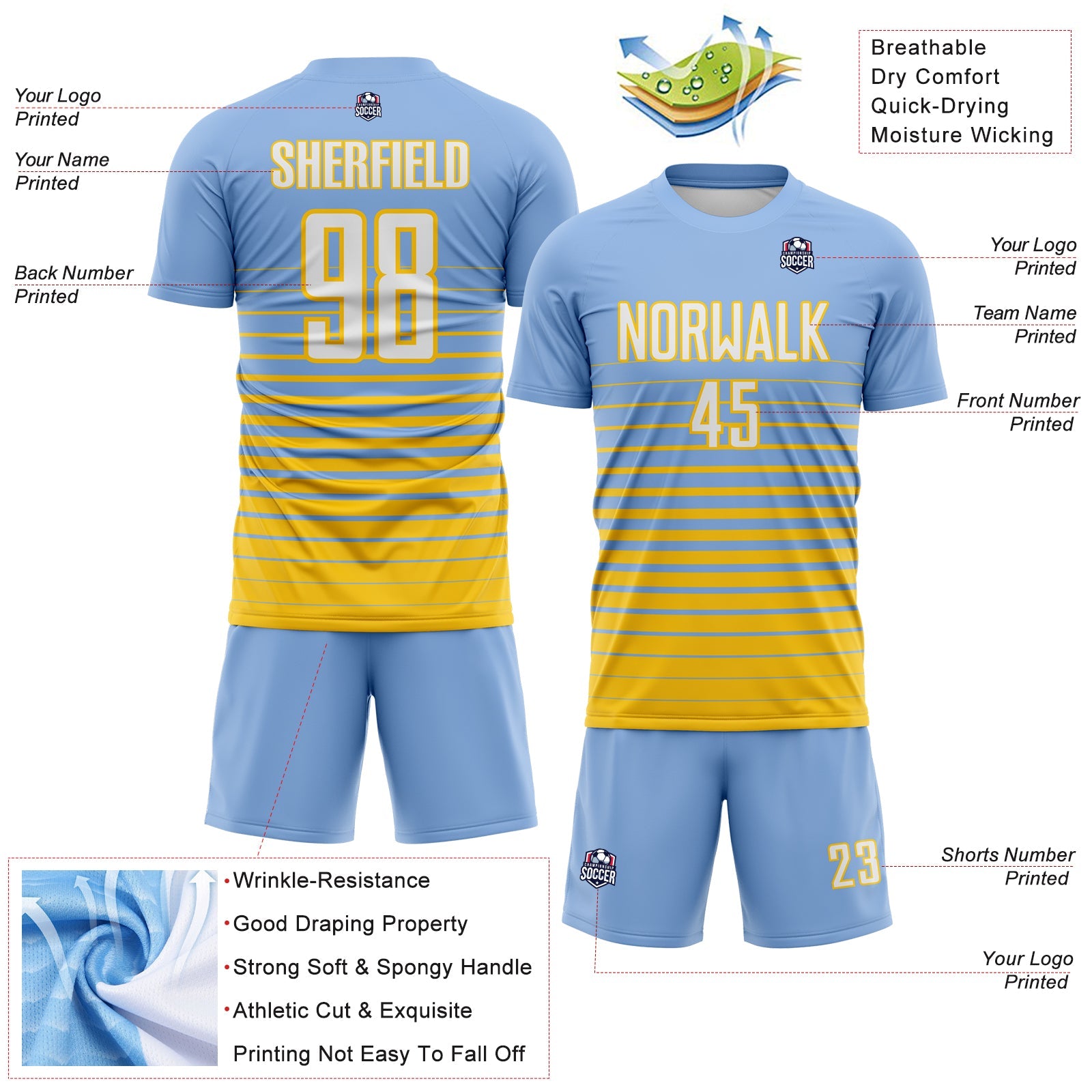 Custom Light Blue White-Yellow Gradient Pinstripe Sublimation Soccer Uniform Jersey view 4