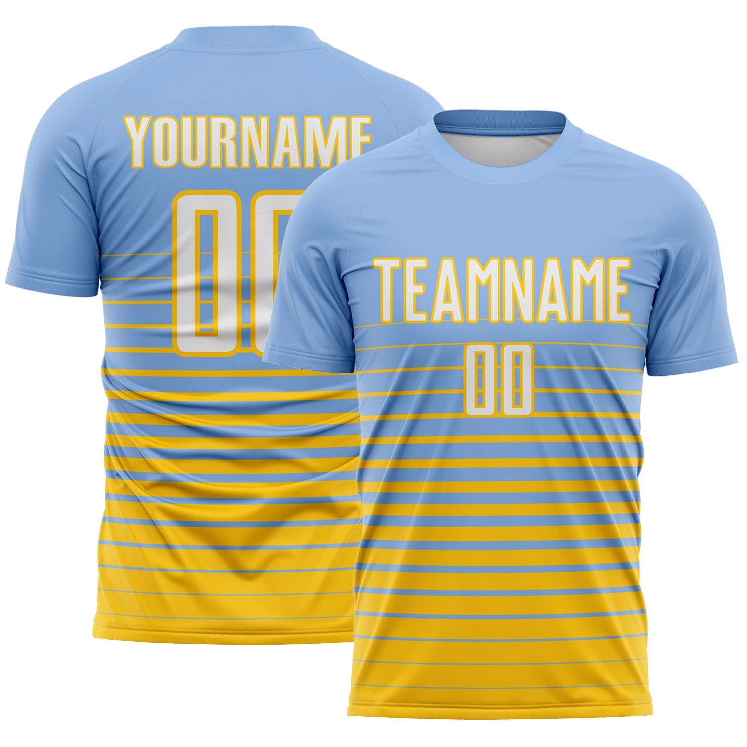 Custom Light Blue White-Yellow Gradient Pinstripe Sublimation Soccer Uniform Jersey - Main View
