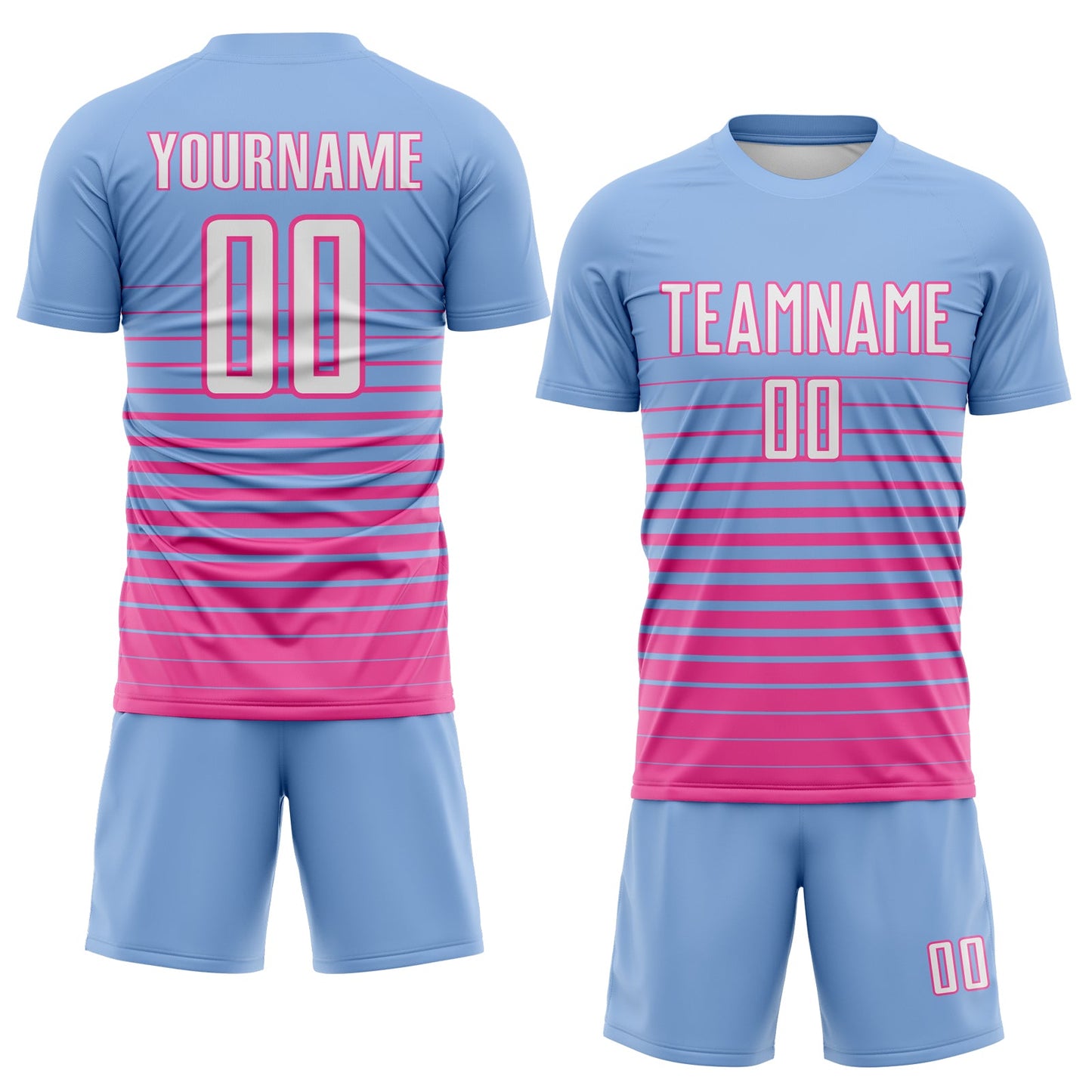 Custom Light Blue White-Pink Gradient Pinstripe Sublimation Soccer Uniform Jersey view 2