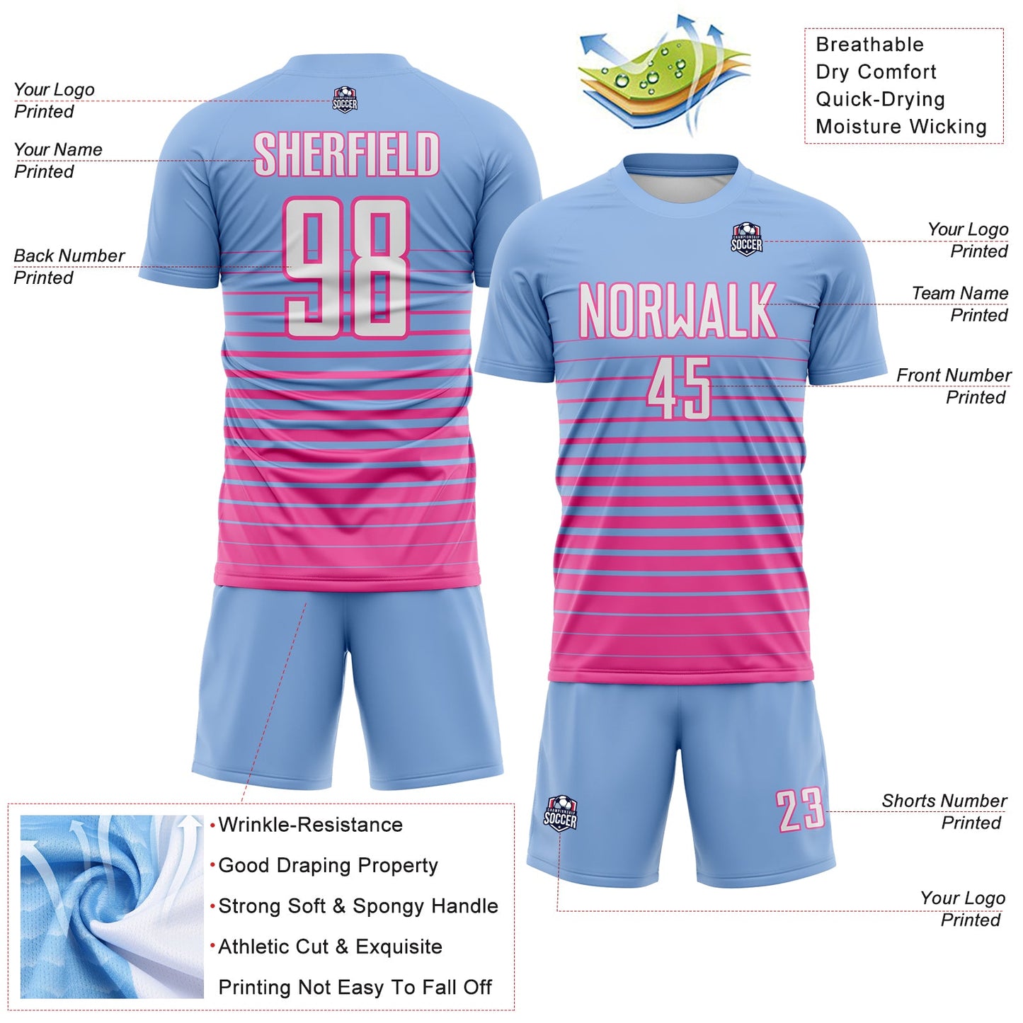 Custom Light Blue White-Pink Gradient Pinstripe Sublimation Soccer Uniform Jersey view 4