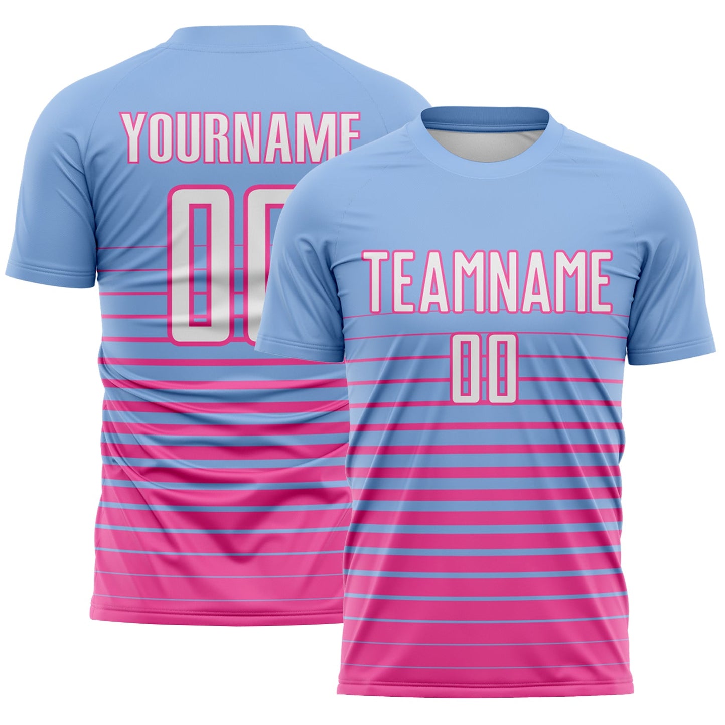Custom Light Blue White-Pink Gradient Pinstripe Sublimation Soccer Uniform Jersey - Main View