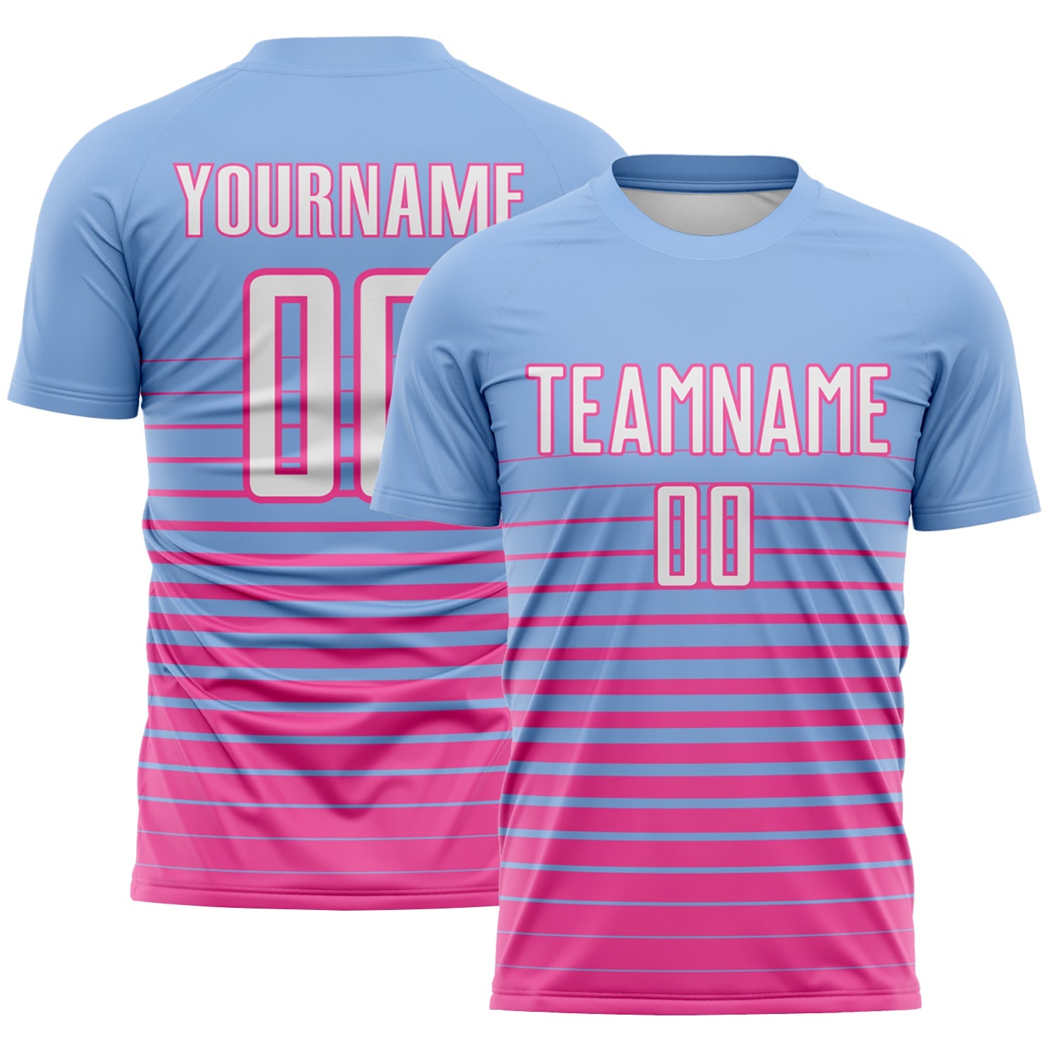 Custom Light Blue White-Pink Gradient Pinstripe Sublimation Soccer Uniform Jersey - Main View