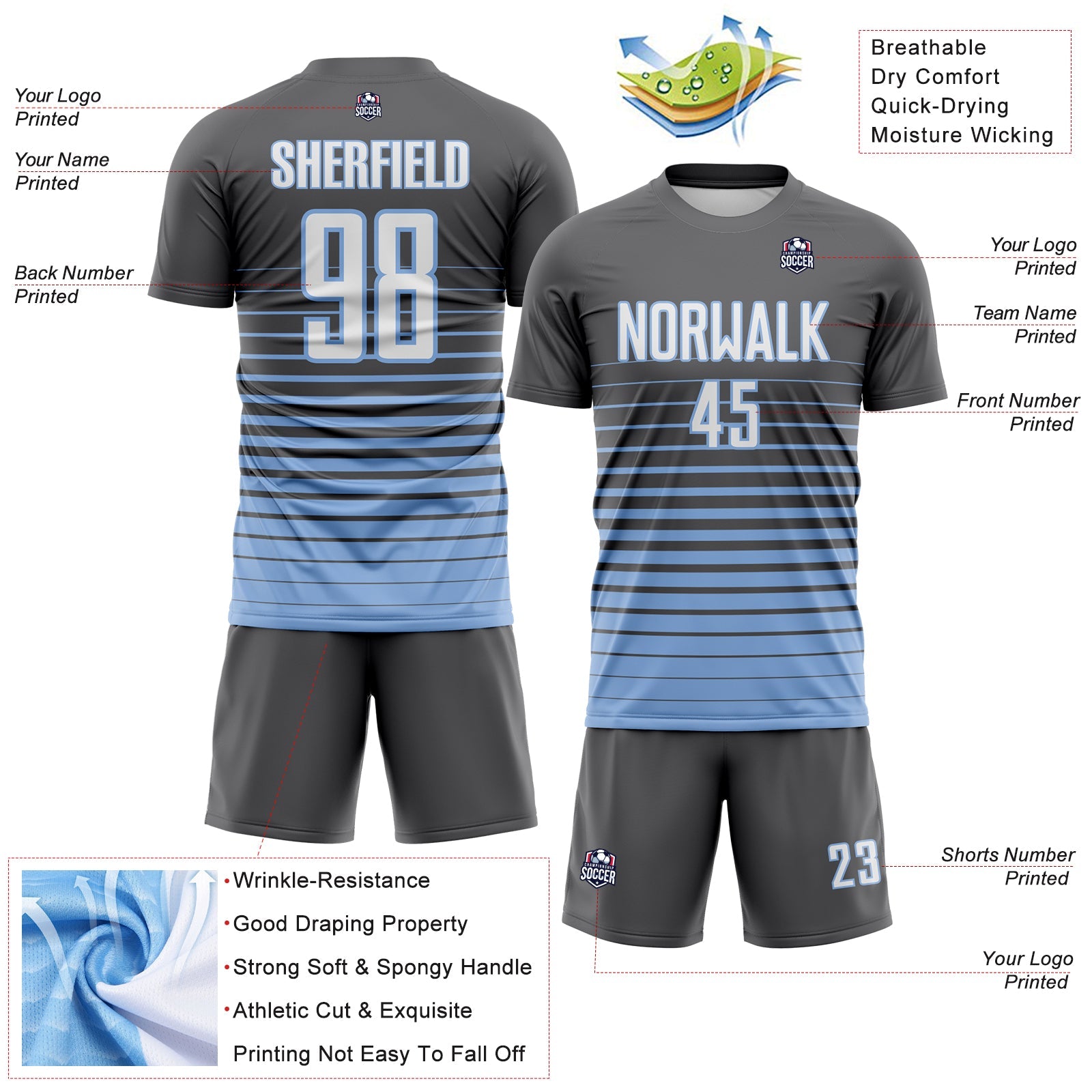 Custom Steel Gray White-Light Blue Gradient Pinstripe Sublimation Soccer Uniform Jersey view 4