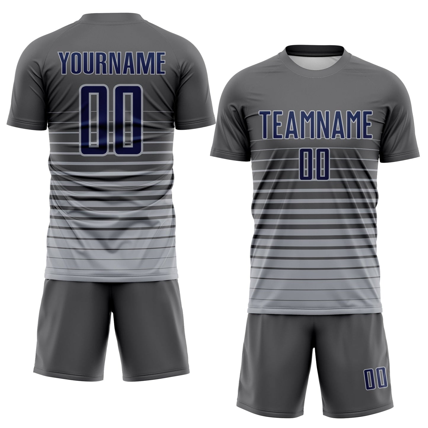 Custom Steel Gray Navy-Gray Gradient Pinstripe Sublimation Soccer Uniform Jersey view 2