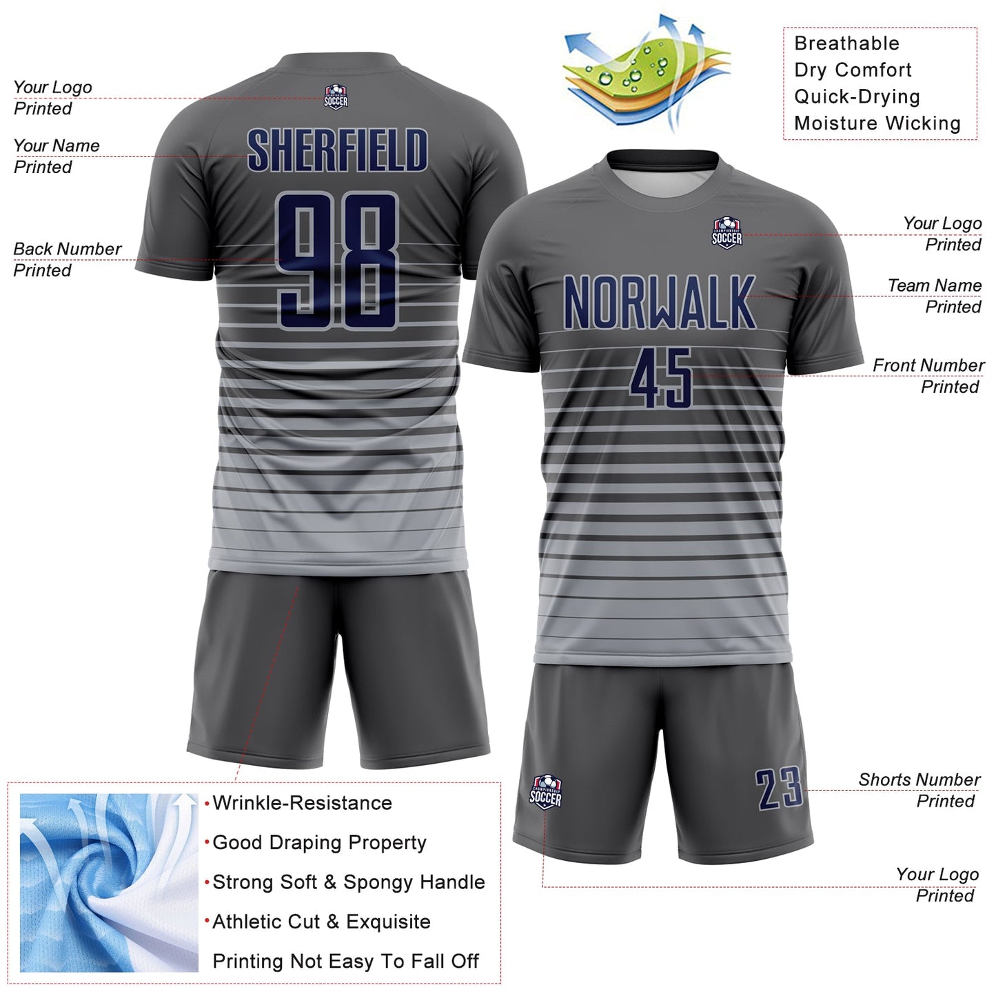 Custom Steel Gray Navy-Gray Gradient Pinstripe Sublimation Soccer Uniform Jersey view 4