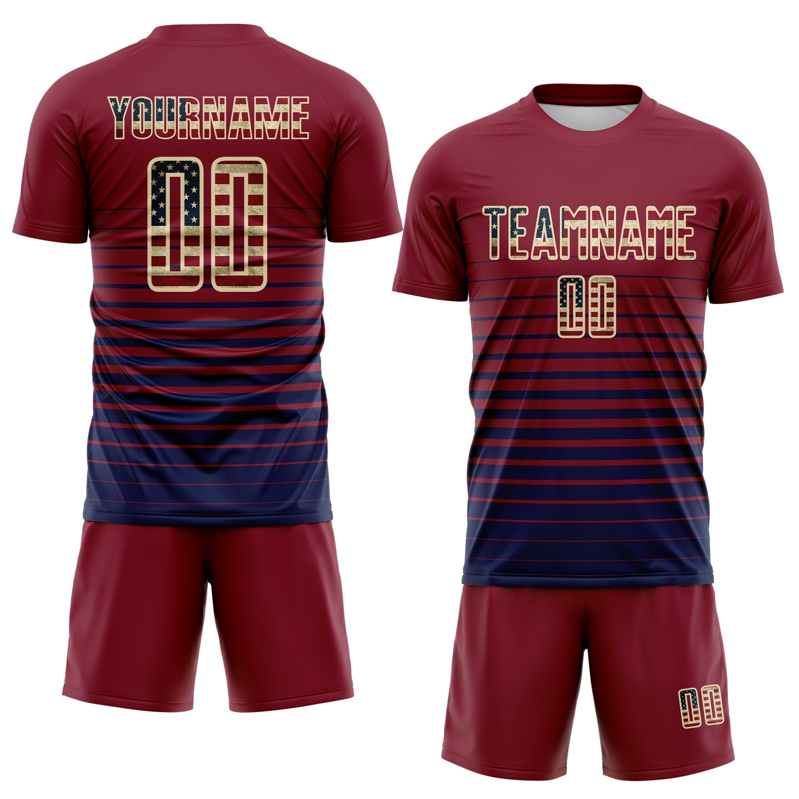 Custom Crimson Vintage USA Flag Cream-Navy Gradient Pinstripe Sublimation Soccer Uniform Jersey view 2