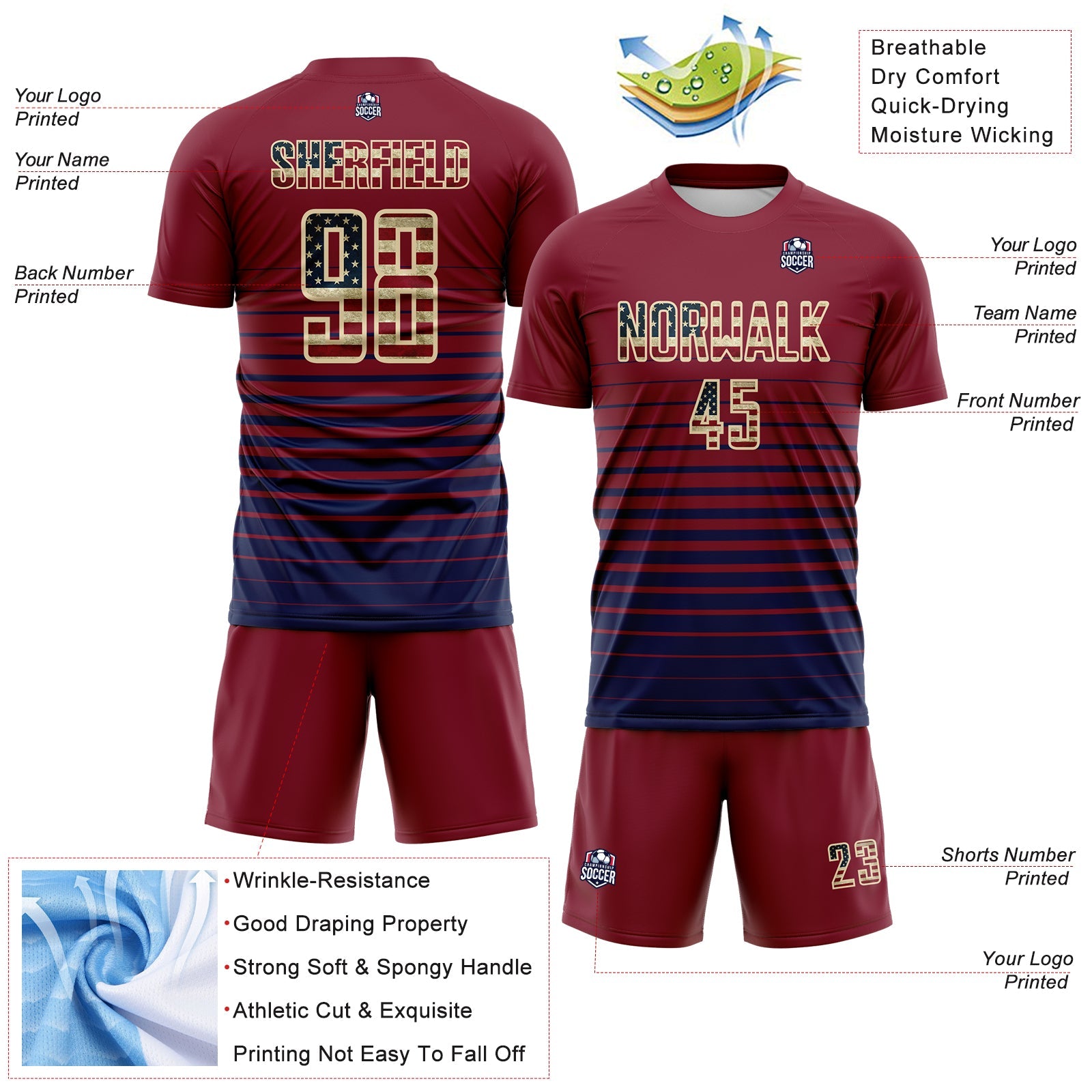 Custom Crimson Vintage USA Flag Cream-Navy Gradient Pinstripe Sublimation Soccer Uniform Jersey view 4