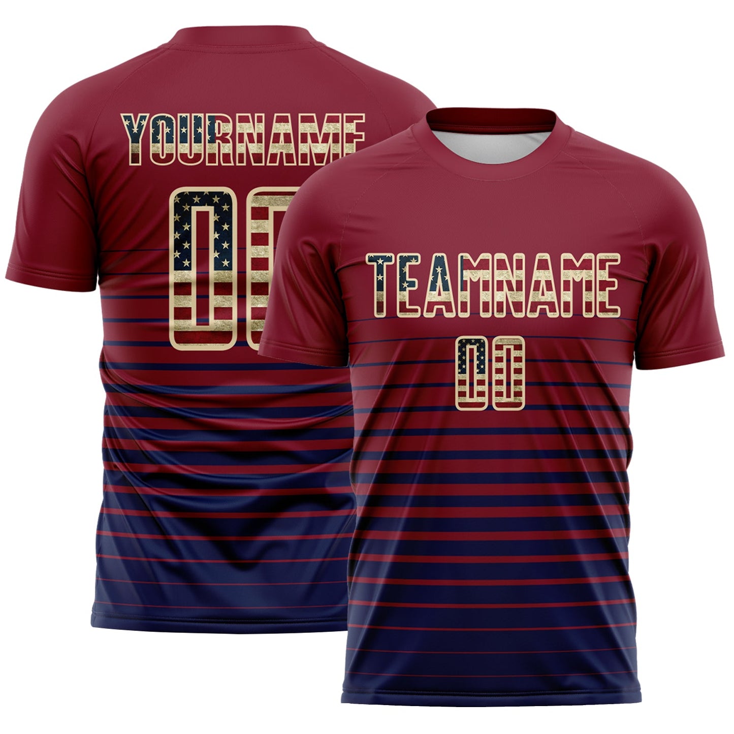 Custom Crimson Vintage USA Flag Cream-Navy Gradient Pinstripe Sublimation Soccer Uniform Jersey - Main View